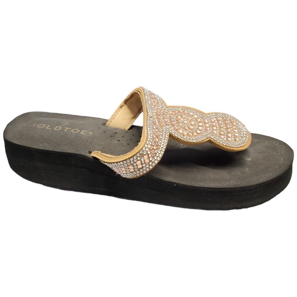 Gold Toe Thong Sandals Women's Size 6 Multi Rhinestone Wedge Mid Heel Slip On